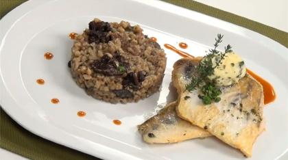 Pike-perch fillets, groat risotto with mushrooms, marjoram butter
